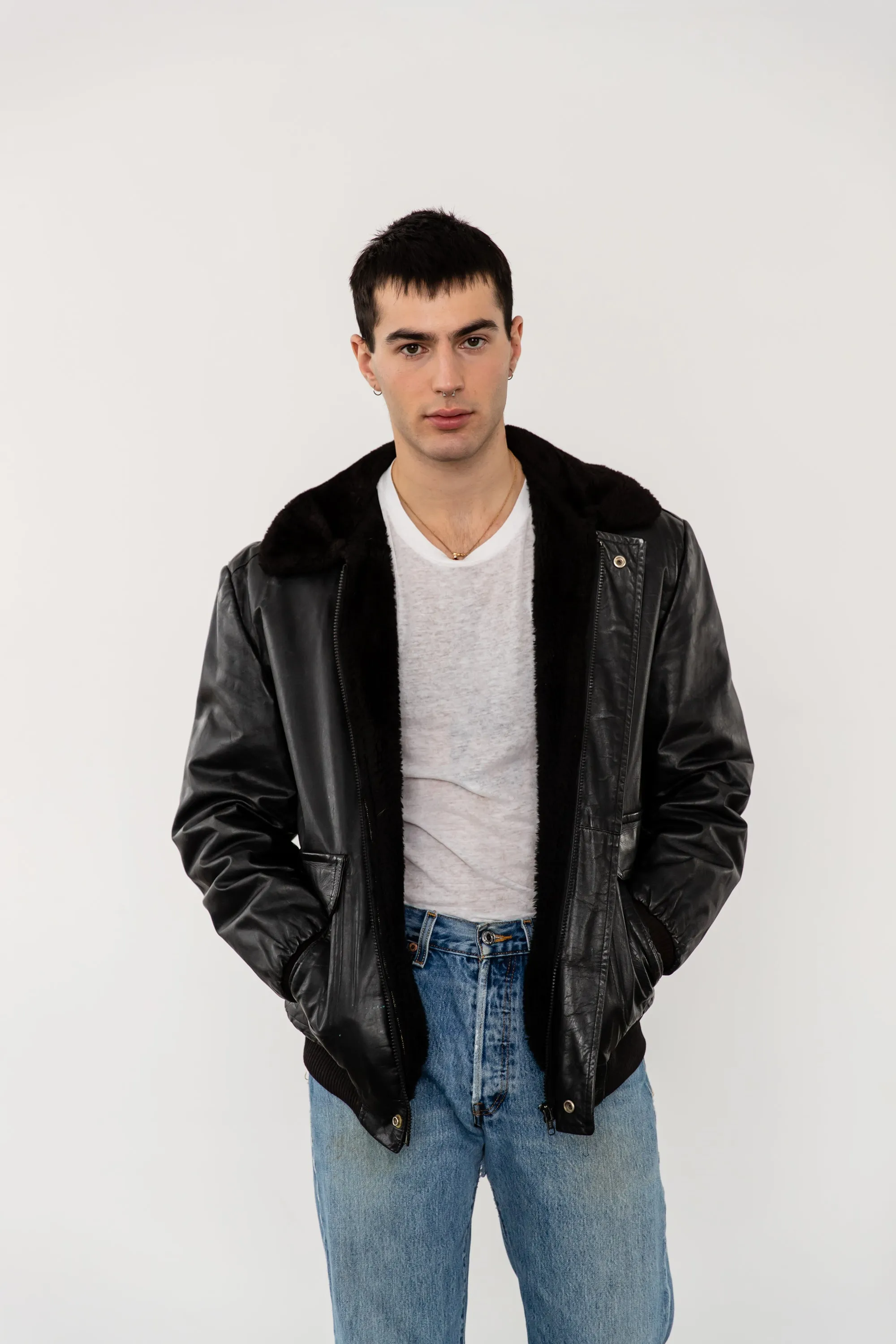 1980's G1 Flight Bomber Aviator Style Leather Jacket with Shearling Collar by Fiori