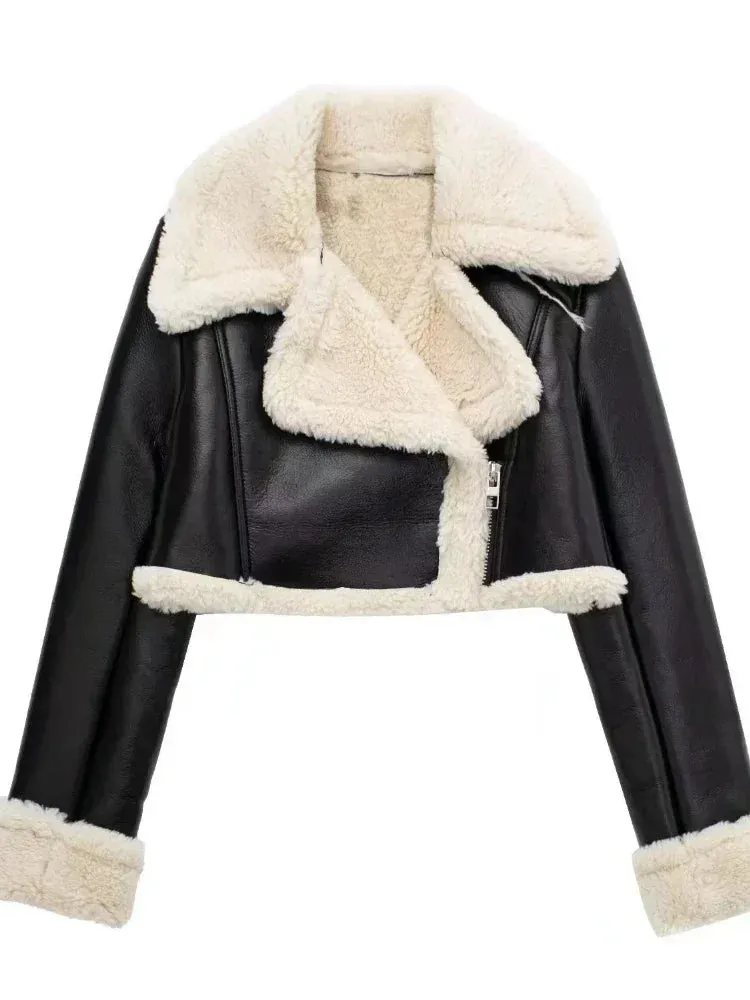 2024 Autumn Winter Women's Leather Jacket Coat Fashion Vintage Zippers Faux Leathers Casual Simple Cool Short Soft Warm Coats