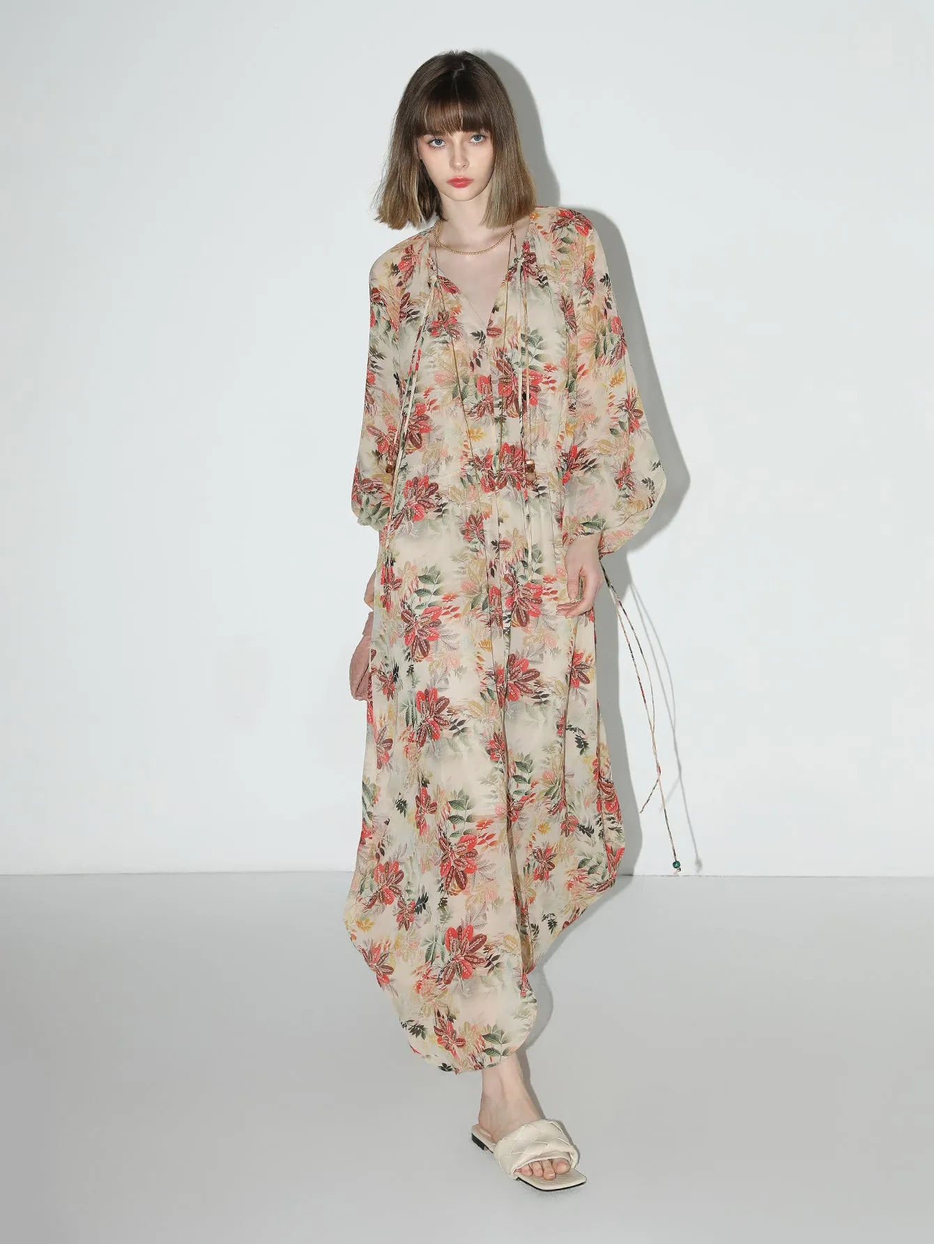 Autumn Floral Chiffon Maxi Dress
