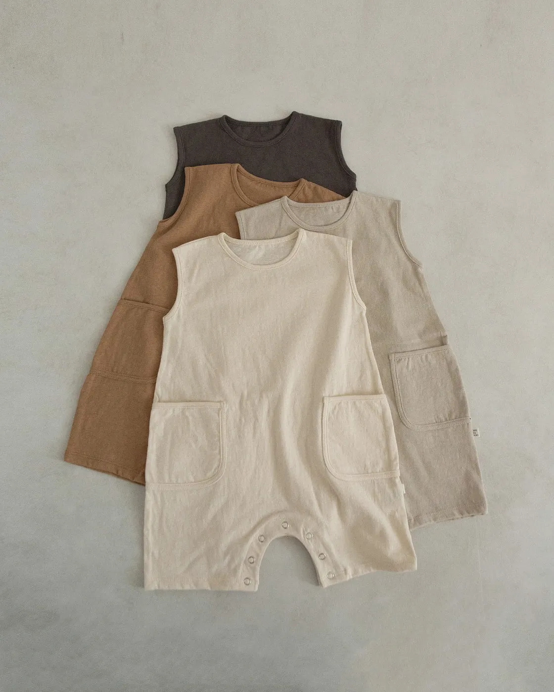 Baby Cotton Sleeveless Pocket Jumpsuit (3-18m)- Beige