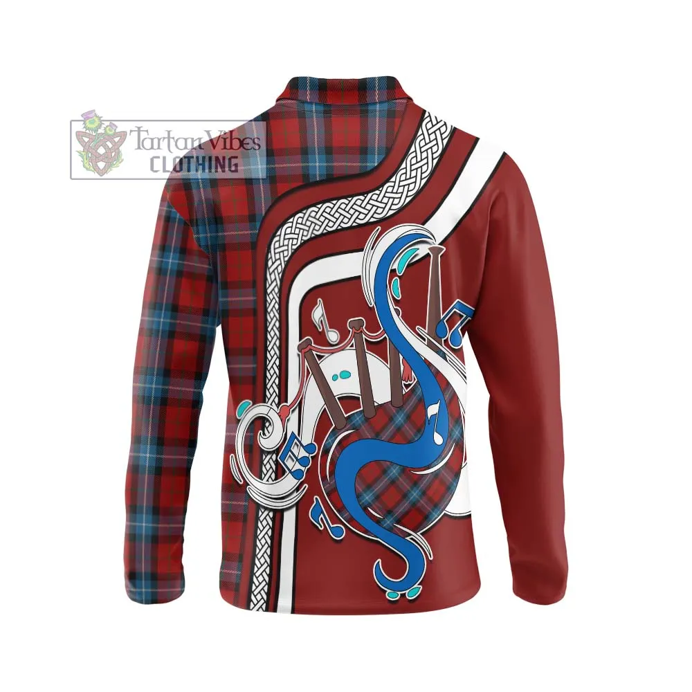 Baillie of Polkemmet Red Tartan Long Sleeve Polo Shirt with Epic Bagpipe Style