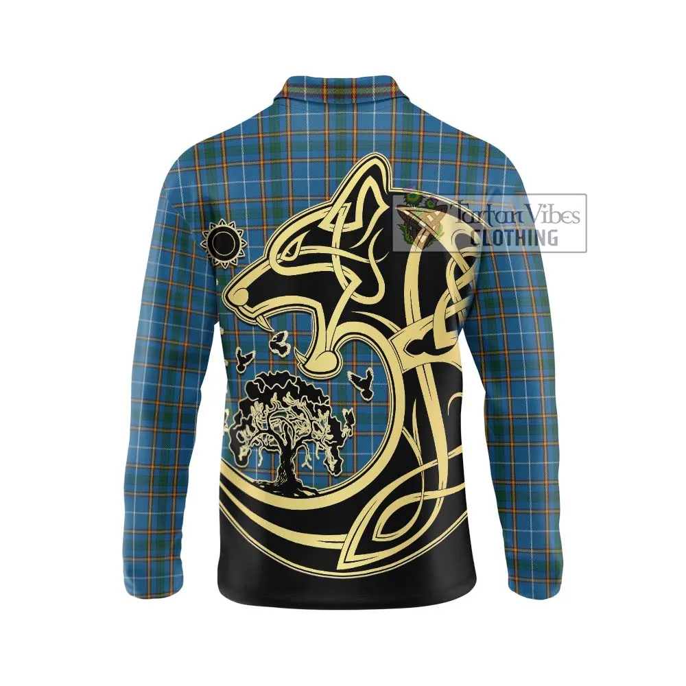 Bain Tartan Long Sleeve Polo Shirt with Family Crest Celtic Wolf Style