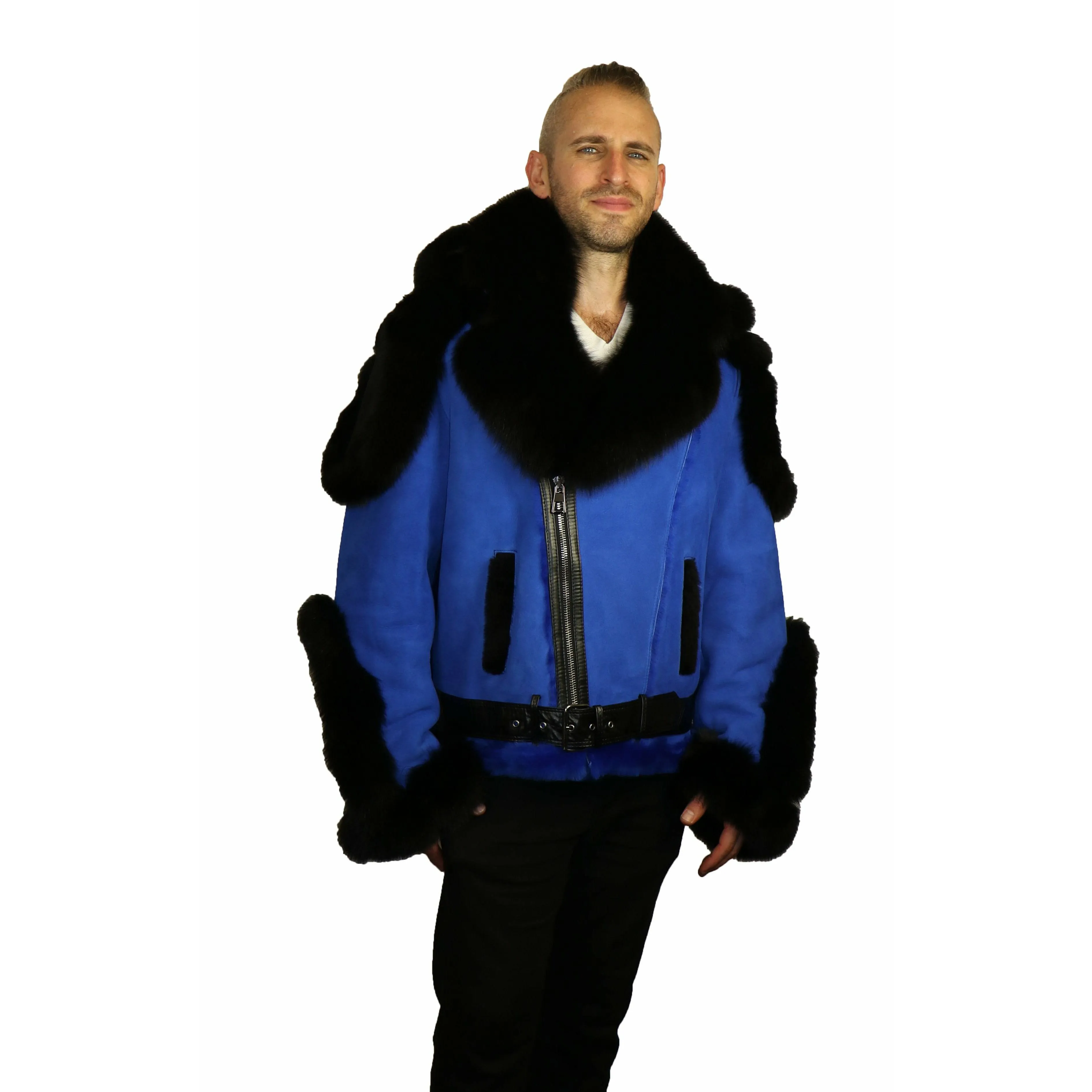 Barya Men's Sheepskin Winter Shearling Moto Jacket with Fox Trim