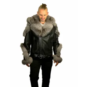 Barya Men's Sheepskin Winter Shearling Moto Jacket with Fox Trim