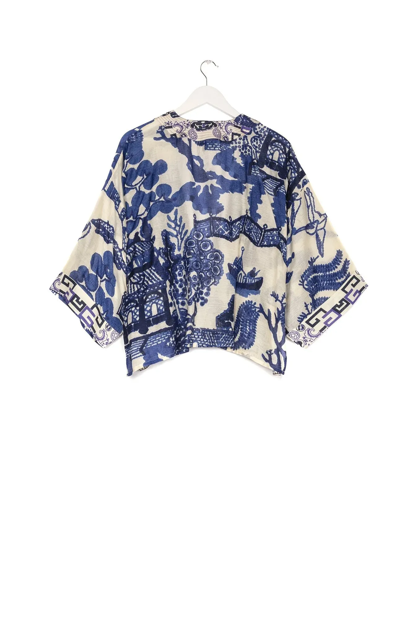 BLUE WILLOW PRINT SHORT KIMONO