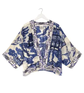 BLUE WILLOW PRINT SHORT KIMONO