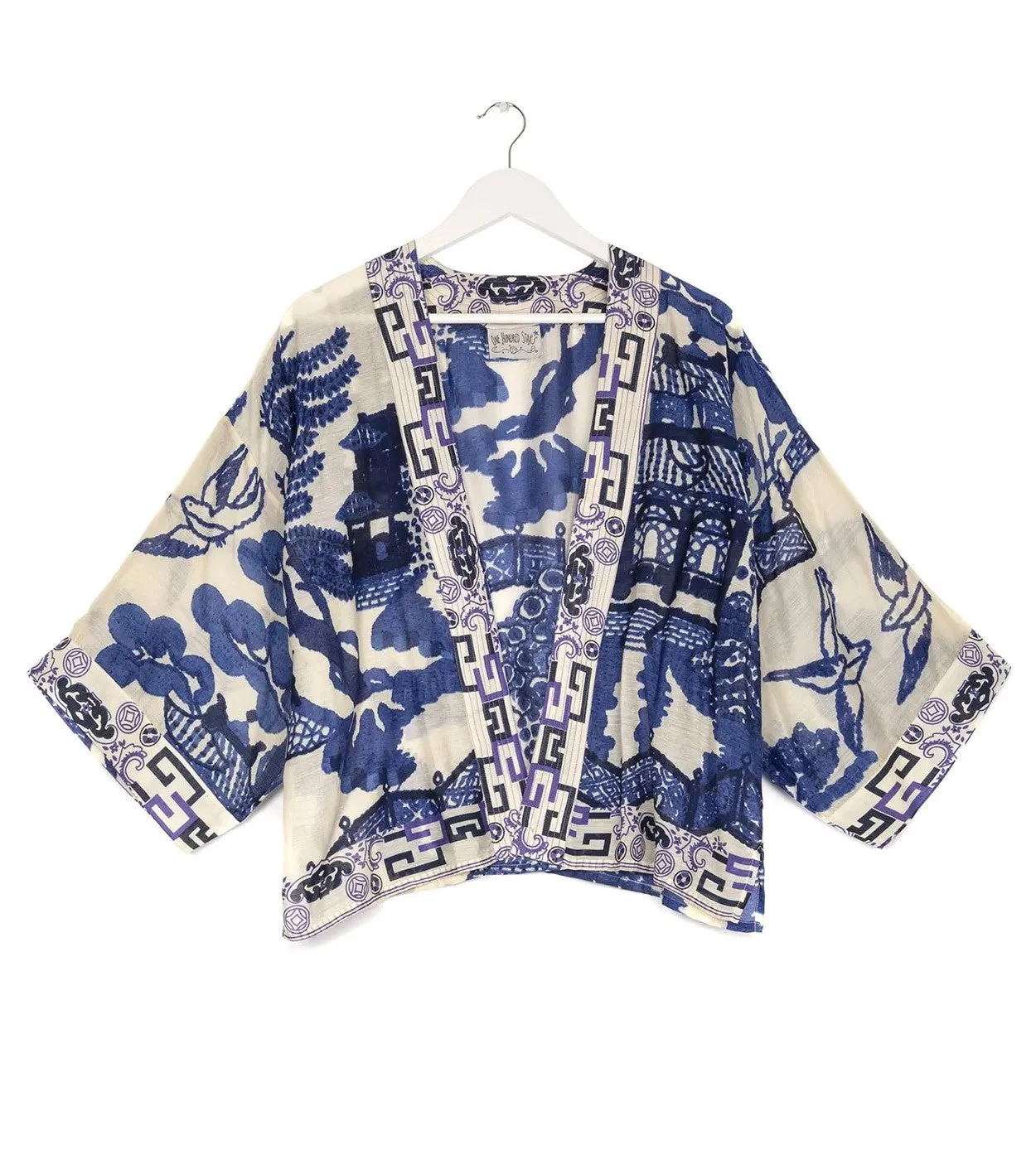 BLUE WILLOW PRINT SHORT KIMONO