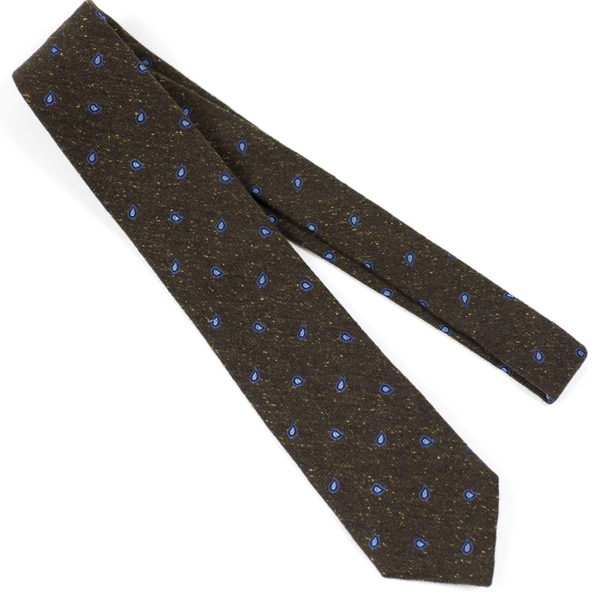 Brown silk and wool donegal tie, blue paisley motifs
