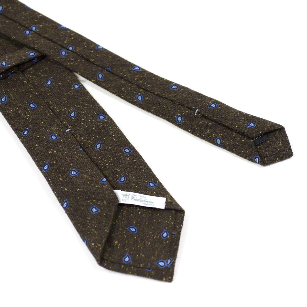 Brown silk and wool donegal tie, blue paisley motifs