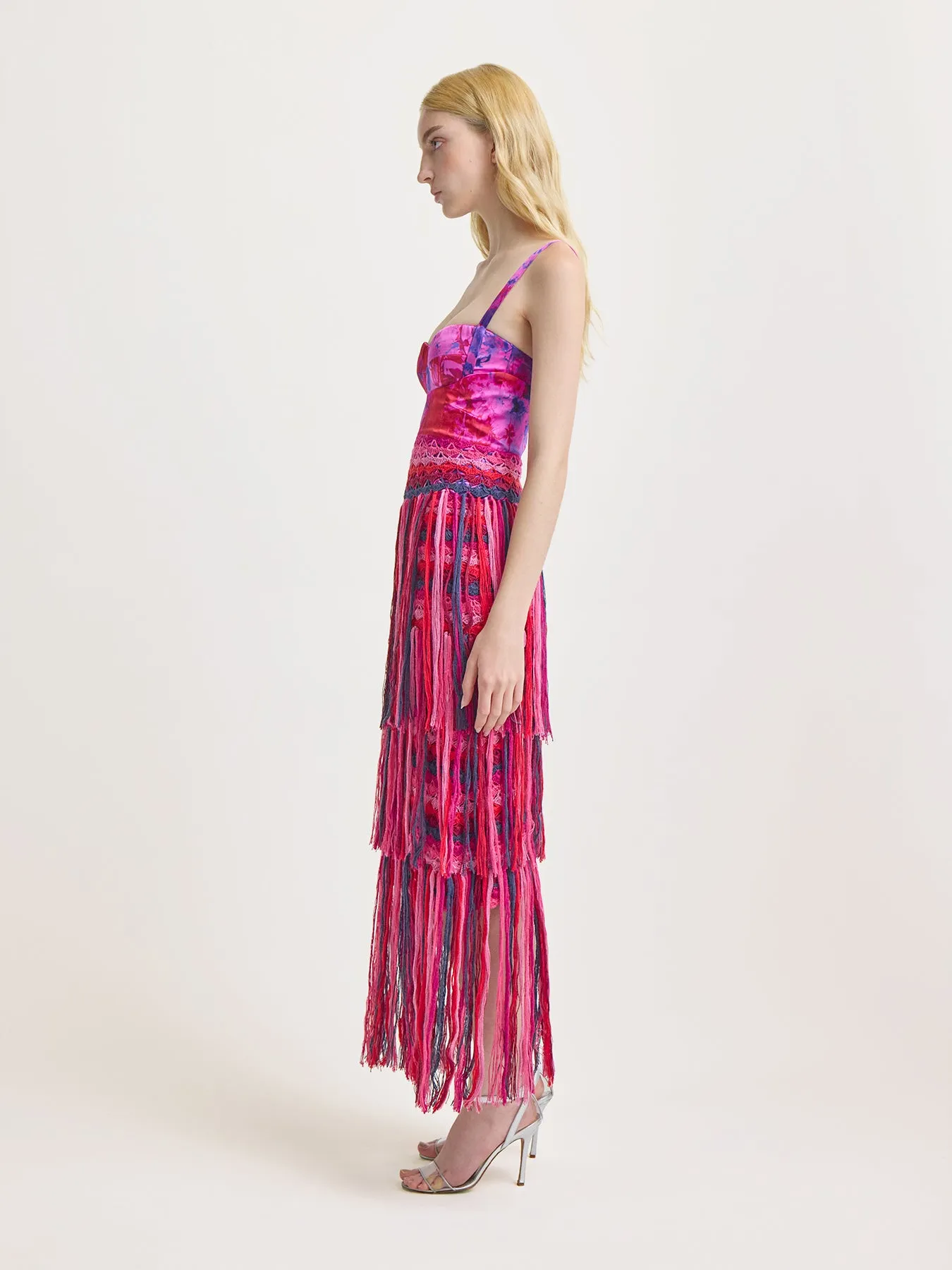 Bustier Dress with Crochet Fringe in Fuchsia Ice Dye Print