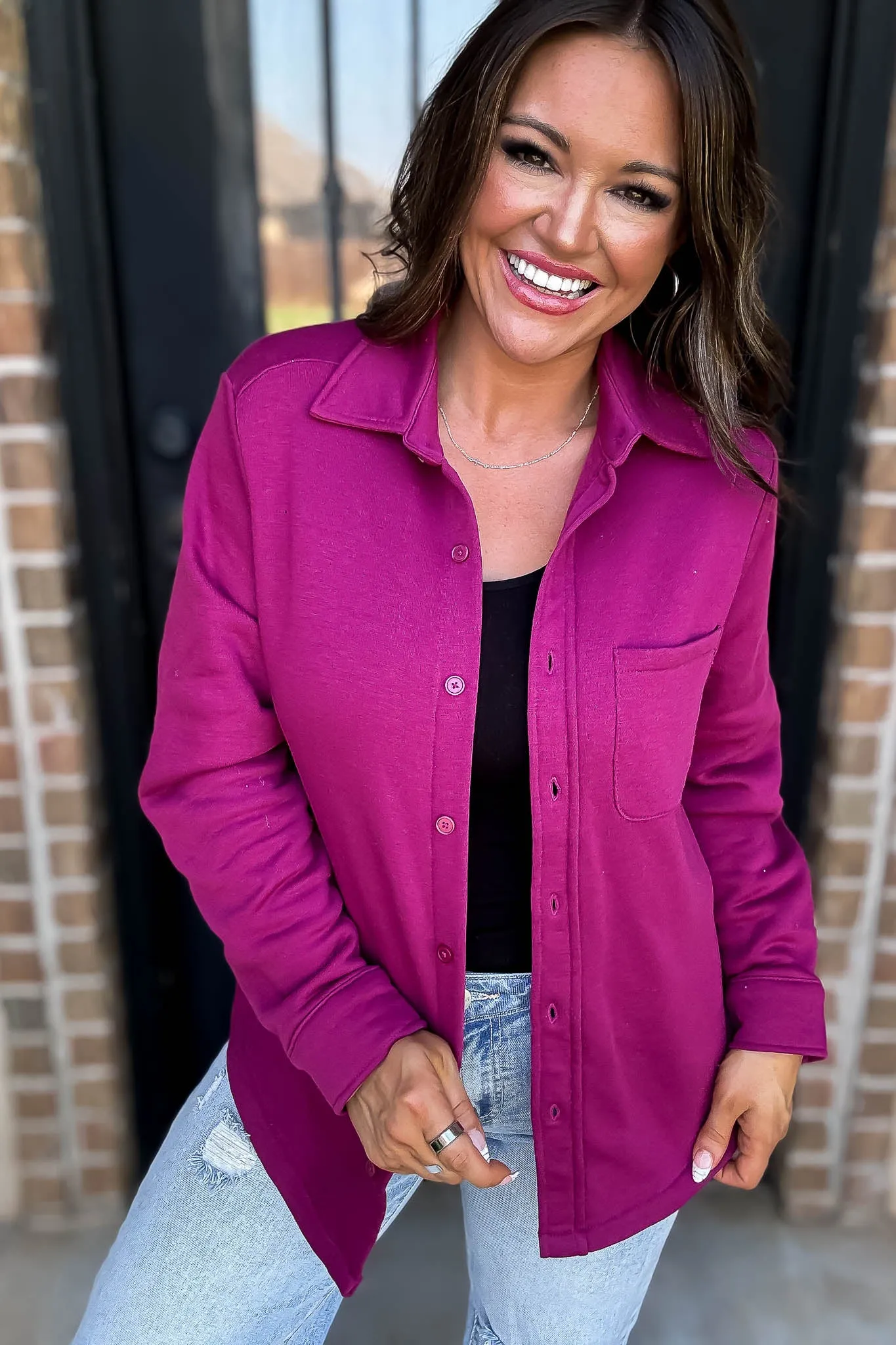 Button Up Magenta Fleece Shirt Jacket