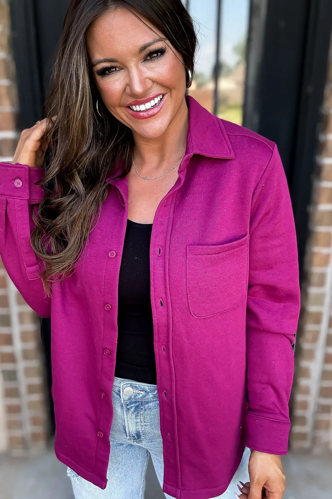 Button Up Magenta Fleece Shirt Jacket