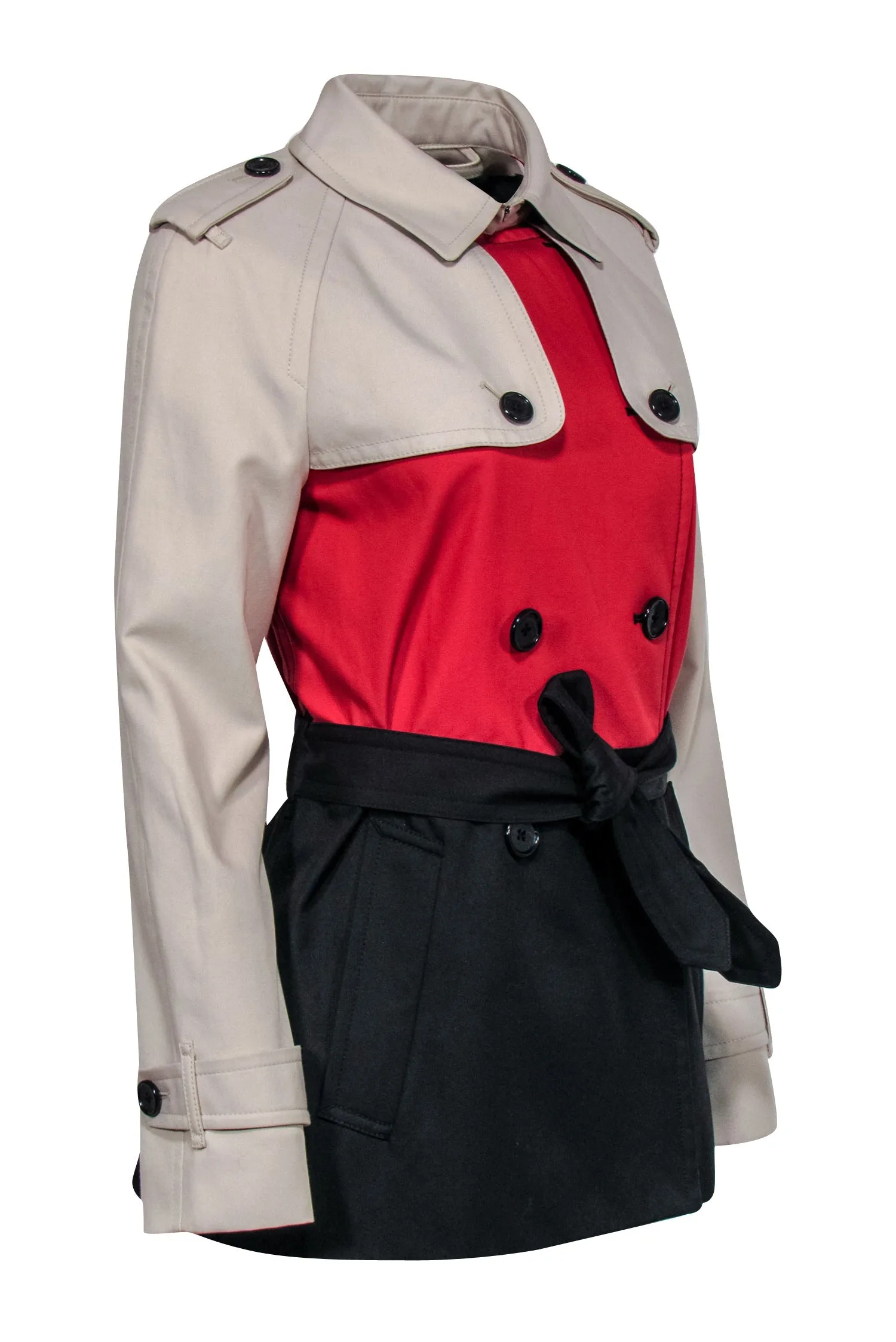 Coach - Beige, Black & Red Colorblocked Trench Coat Sz M