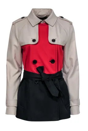 Coach - Beige, Black & Red Colorblocked Trench Coat Sz M