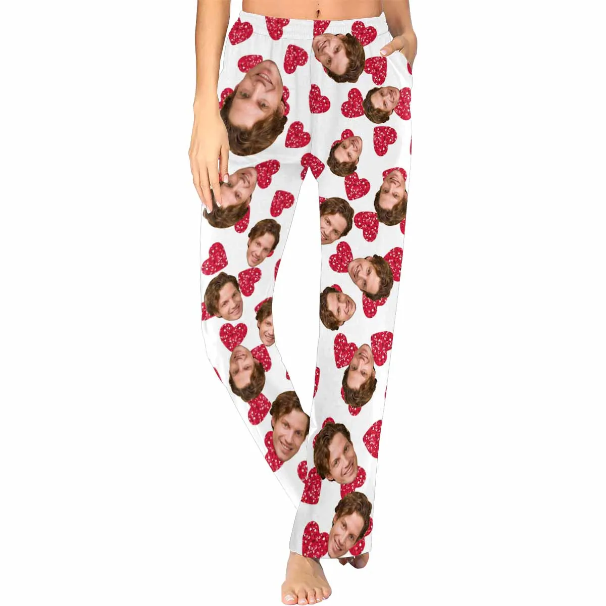 Custom Face Red Heart Sleepwear Personalized Women's Slumber Party Long Pajama Pants