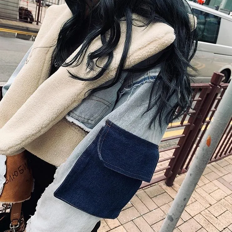 Designer Patchwork Denim Fur Cropped Jacket