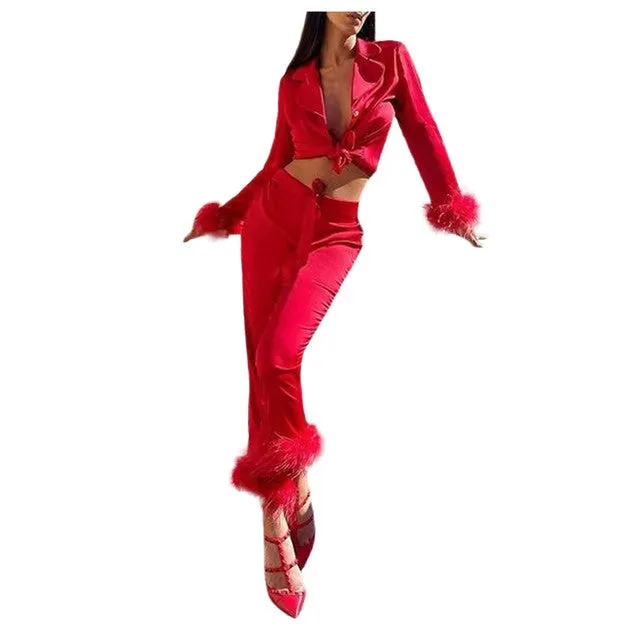 Feather Cuffed Two Piece Silky Loungewear 5 Colors Sizes S-XL