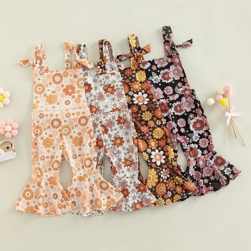 Flower Power - Baby Girl Jumpsuits Flare Bell Bottoms , White Multi