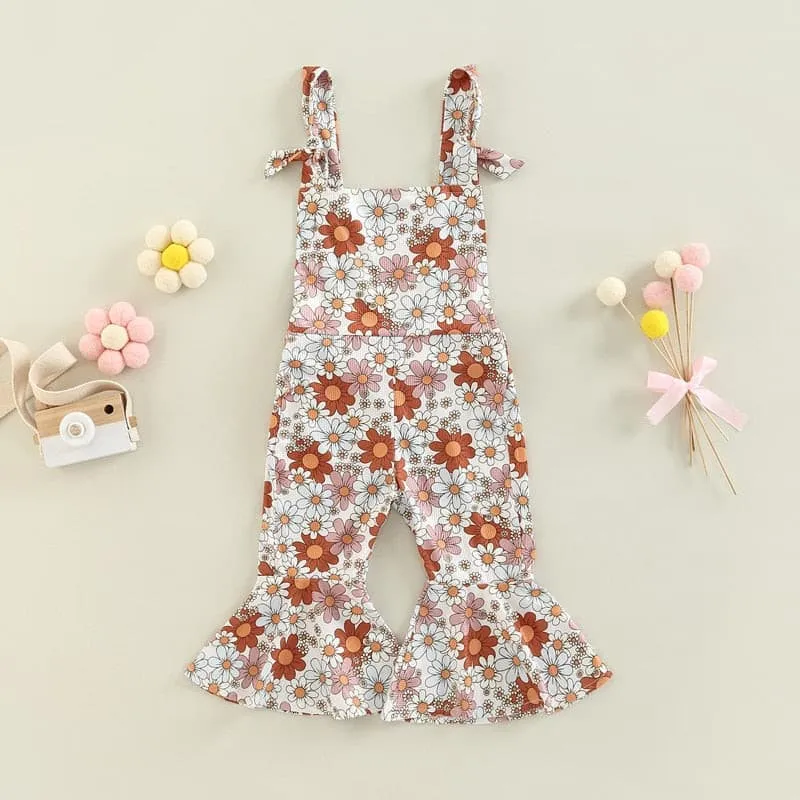 Flower Power - Baby Girl Jumpsuits Flare Bell Bottoms , White Multi