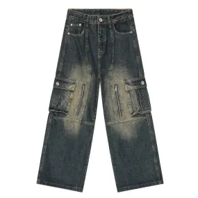 Gradient Color Men's Jeans Vintage Multi-pocket Zipper Baggy Male Denim Cargo Pants Patchwork Men Wide Leg Trousers 9C4513