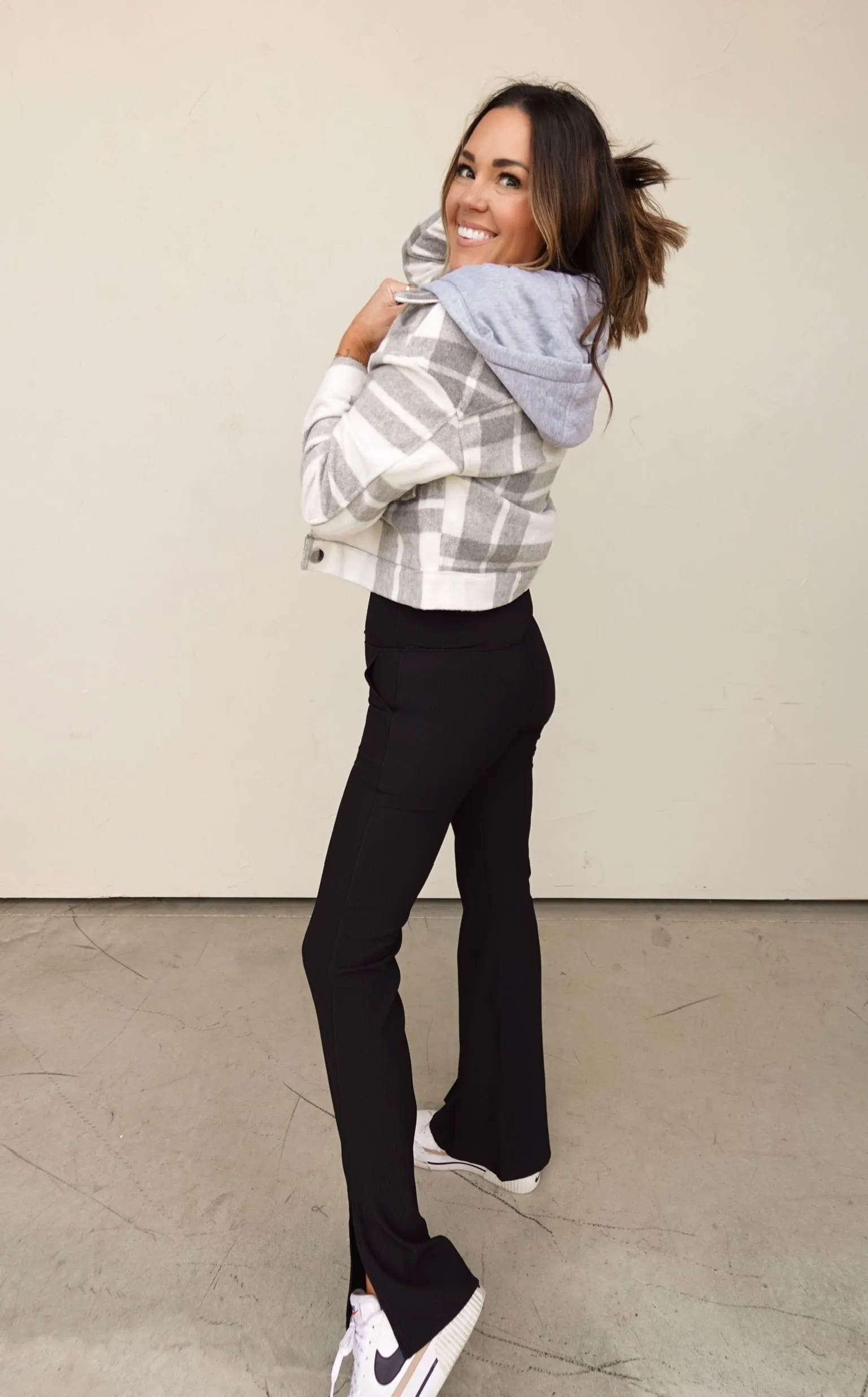 Gray Plaid Cropped Shacket With Removable Hood