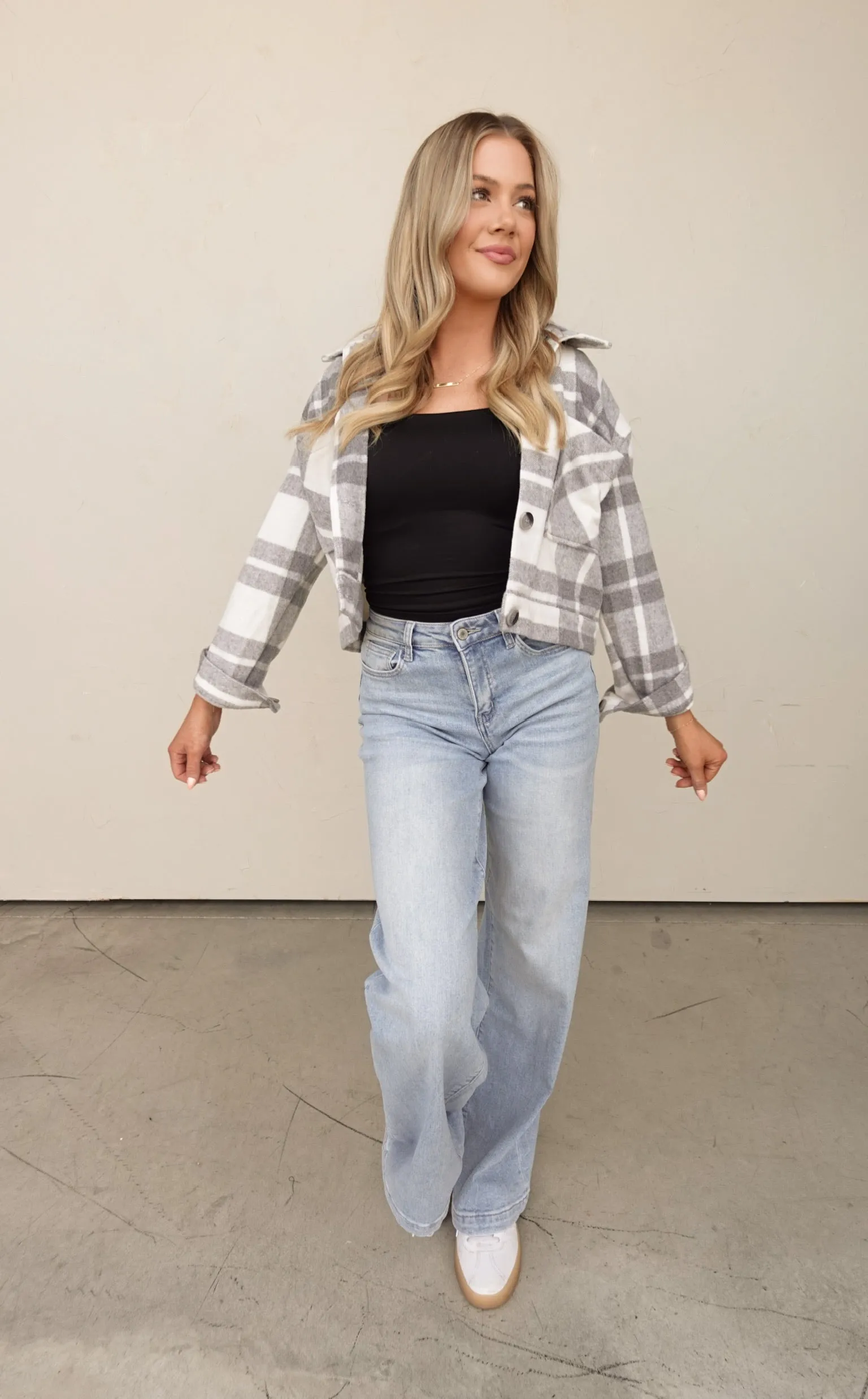 Gray Plaid Cropped Shacket With Removable Hood
