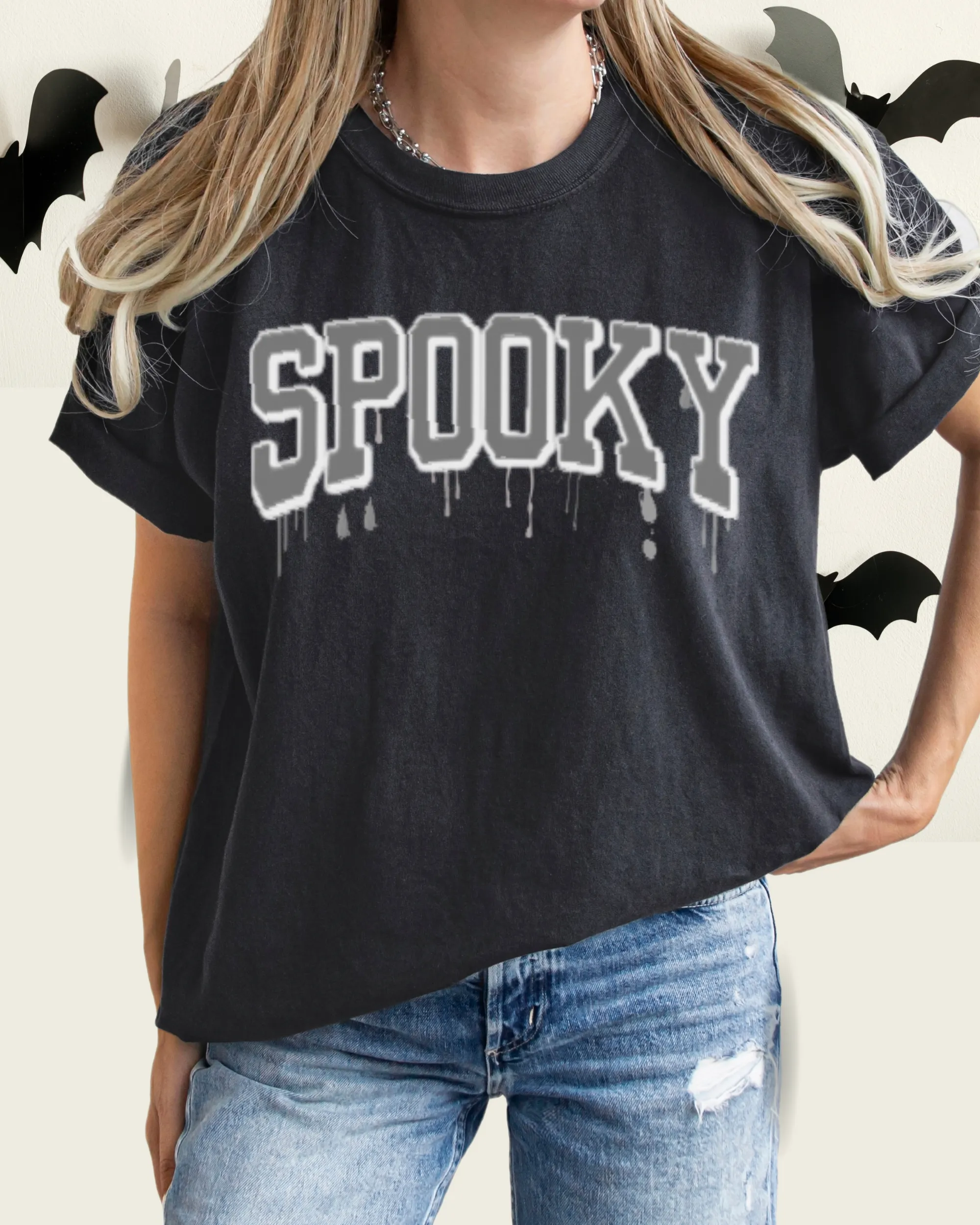 Halloween Spooky Comfort Colors® T-Shirt, Women's Cute Varsity Letters Dripping Blood  T-Shirt