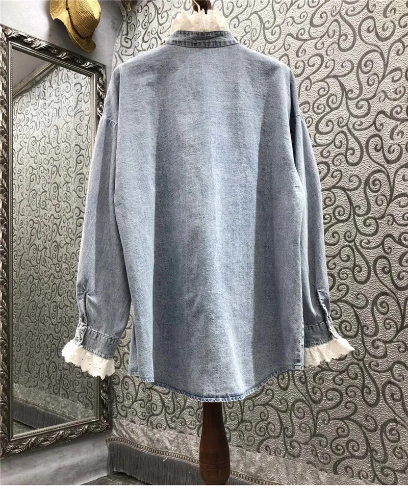 HEYFANCYSTYLE Denim Jewel Embellished Blouse