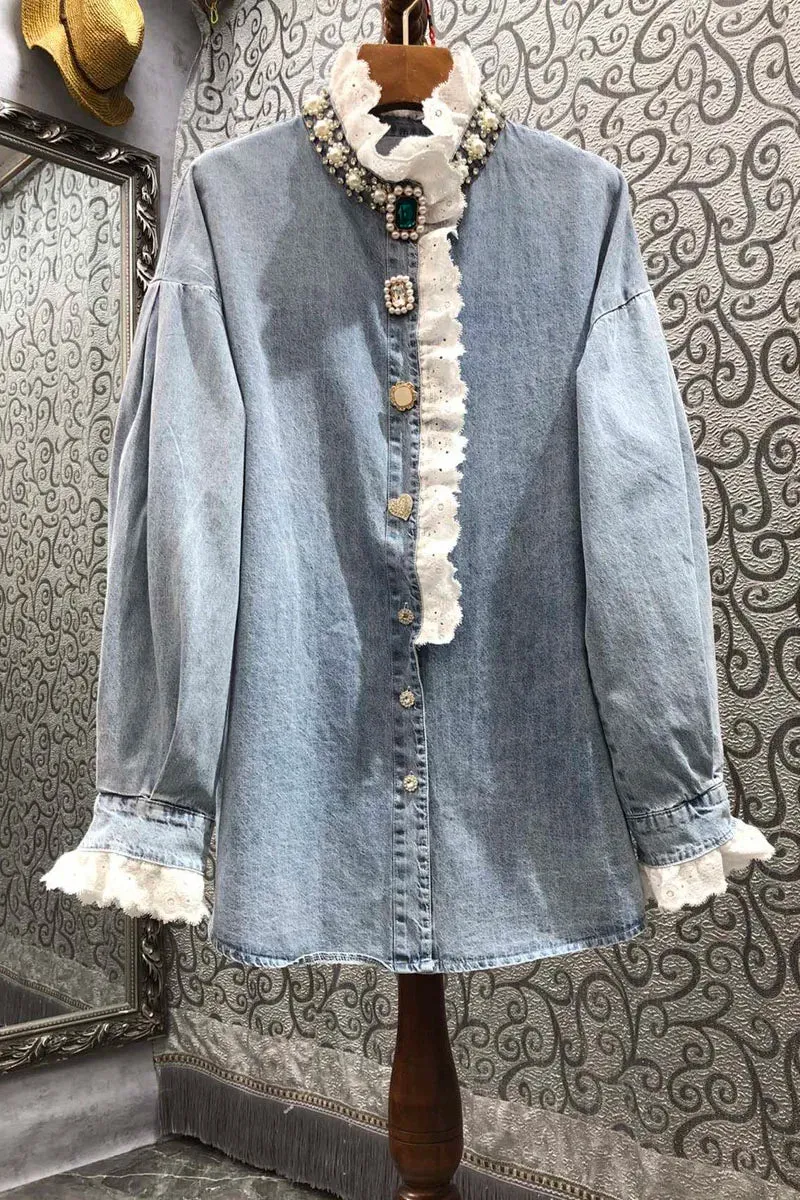 HEYFANCYSTYLE Denim Jewel Embellished Blouse