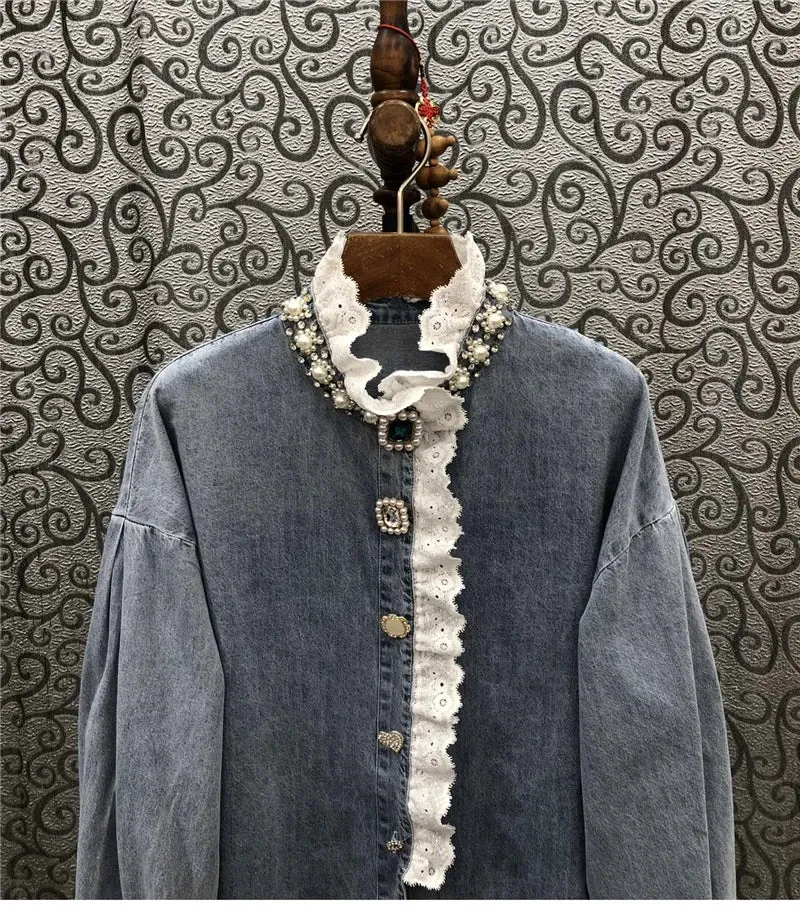HEYFANCYSTYLE Denim Jewel Embellished Blouse