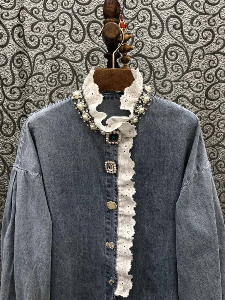 HEYFANCYSTYLE Denim Jewel Embellished Blouse