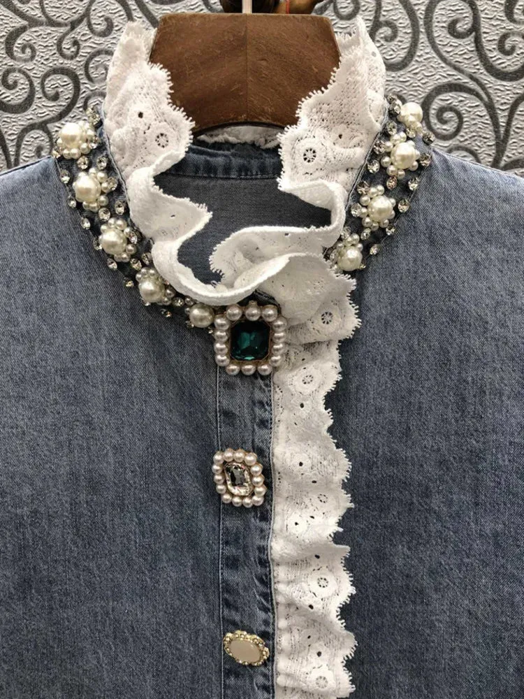 HEYFANCYSTYLE Denim Jewel Embellished Blouse