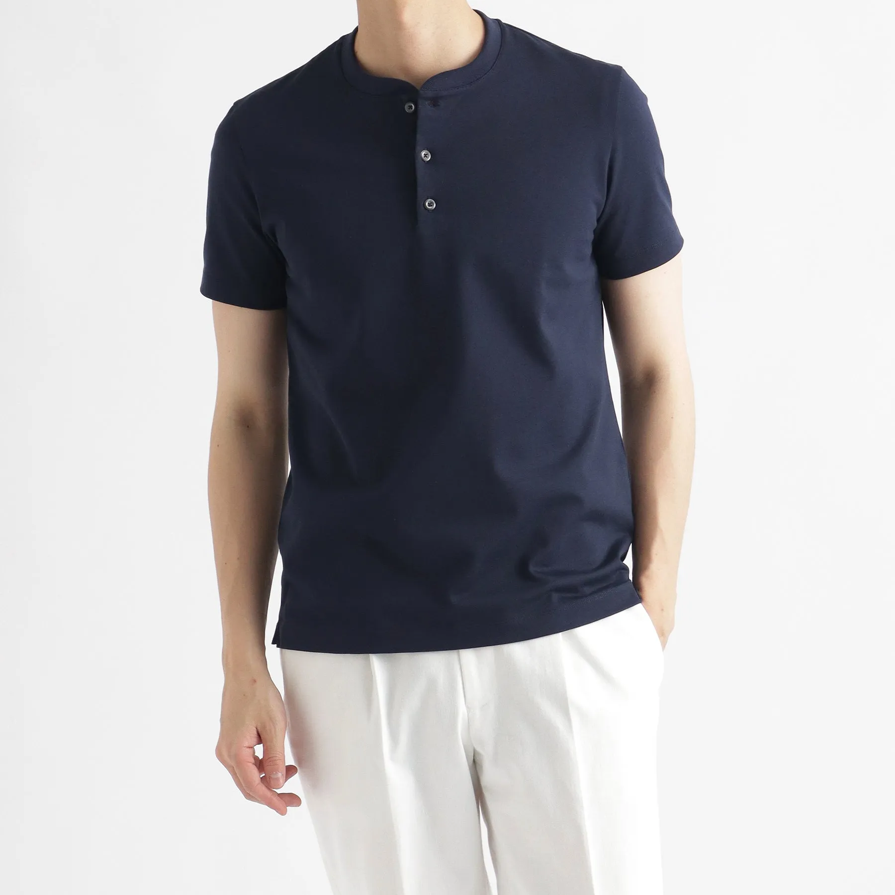 Hybrid Cotton Tailored Henley Neck T-shirt Color: Navy