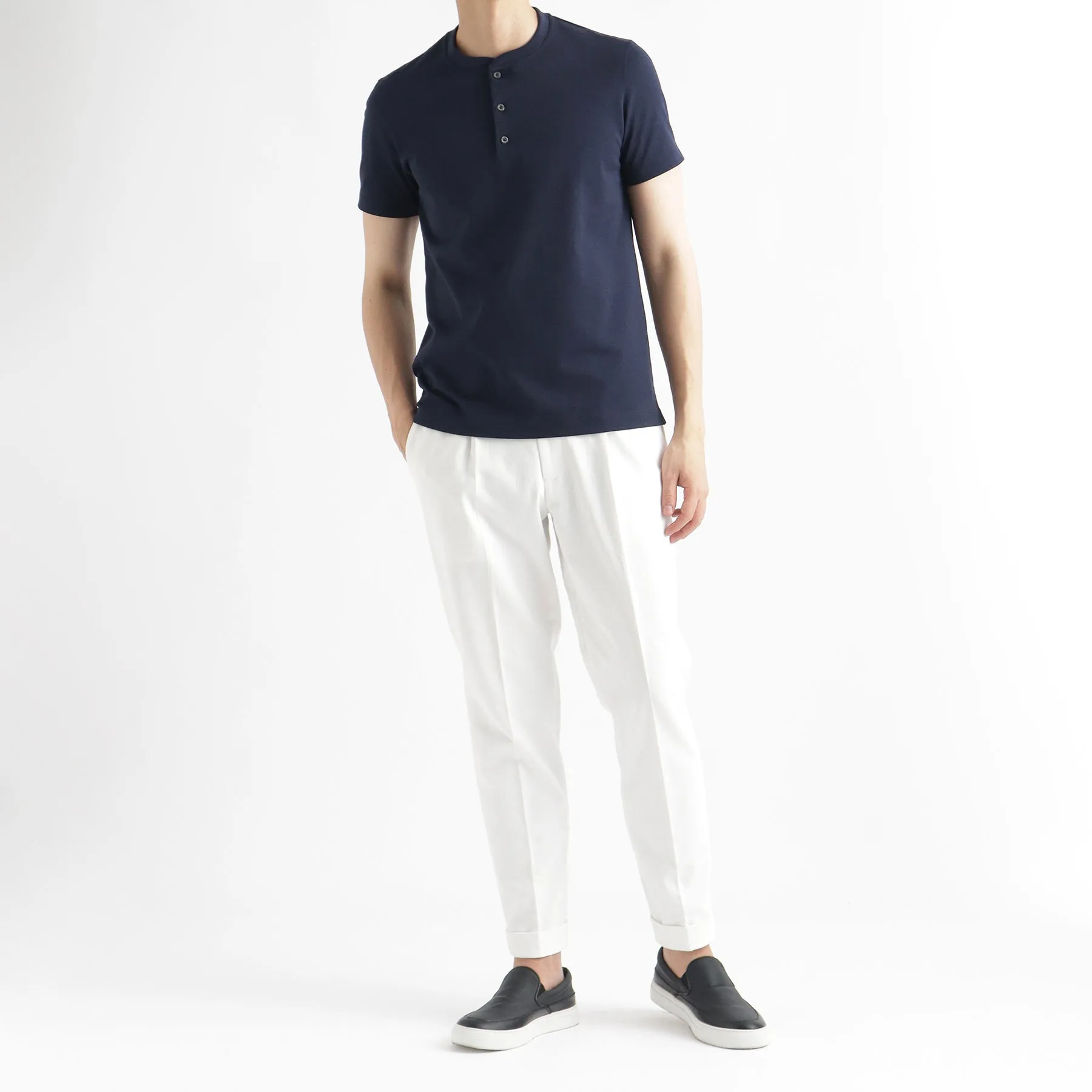 Hybrid Cotton Tailored Henley Neck T-shirt Color: Navy