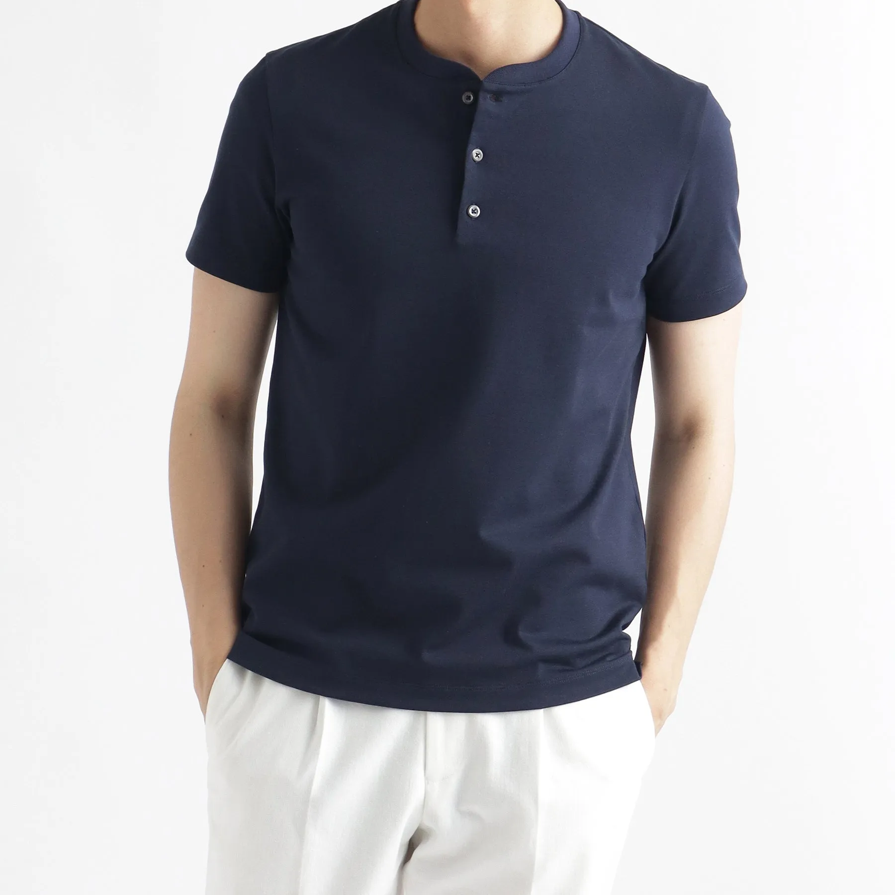 Hybrid Cotton Tailored Henley Neck T-shirt Color: Navy