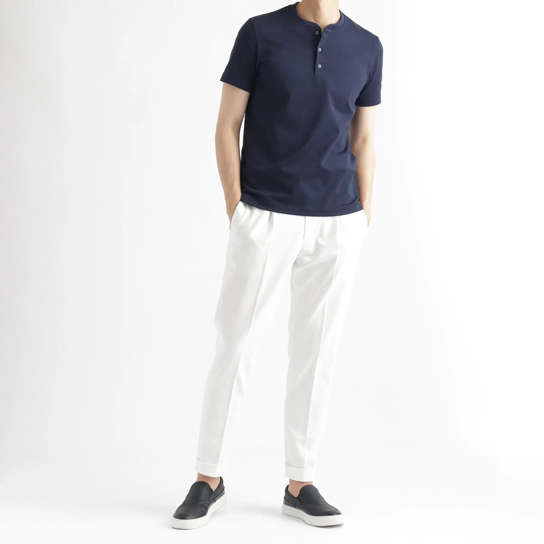 Hybrid Cotton Tailored Henley Neck T-shirt Color: Navy