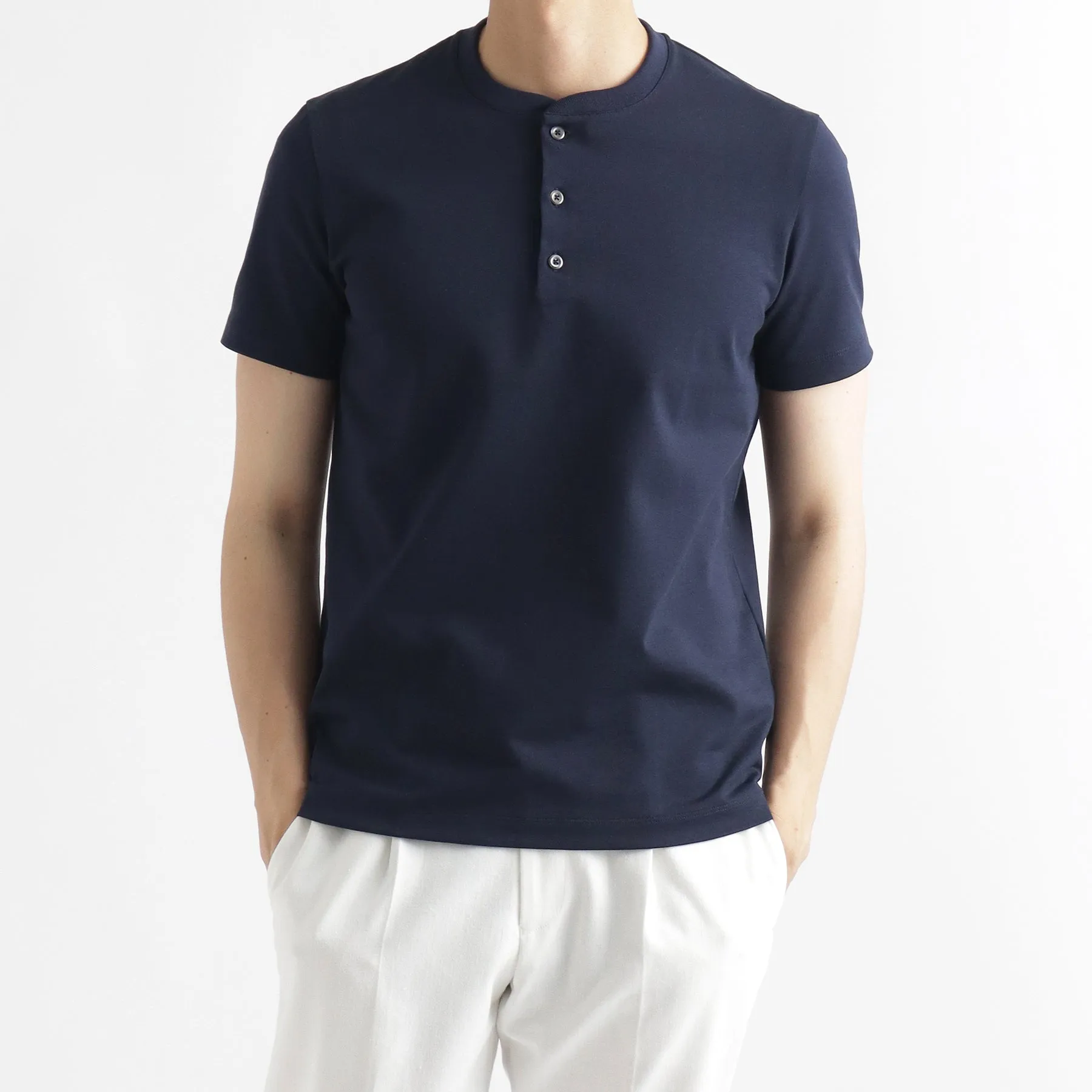 Hybrid Cotton Tailored Henley Neck T-shirt Color: Navy