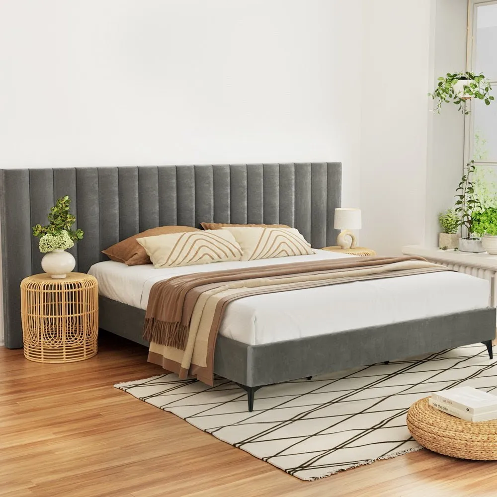 King Package | Burnett Bed Frame With Oversized Headboard Grey & Bonita Euro Top Mattress (Medium Firm)