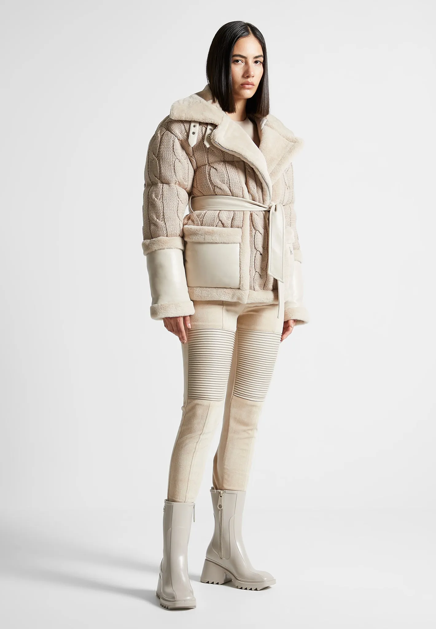 Knit and Plush Puffer Biker Jacket - Beige