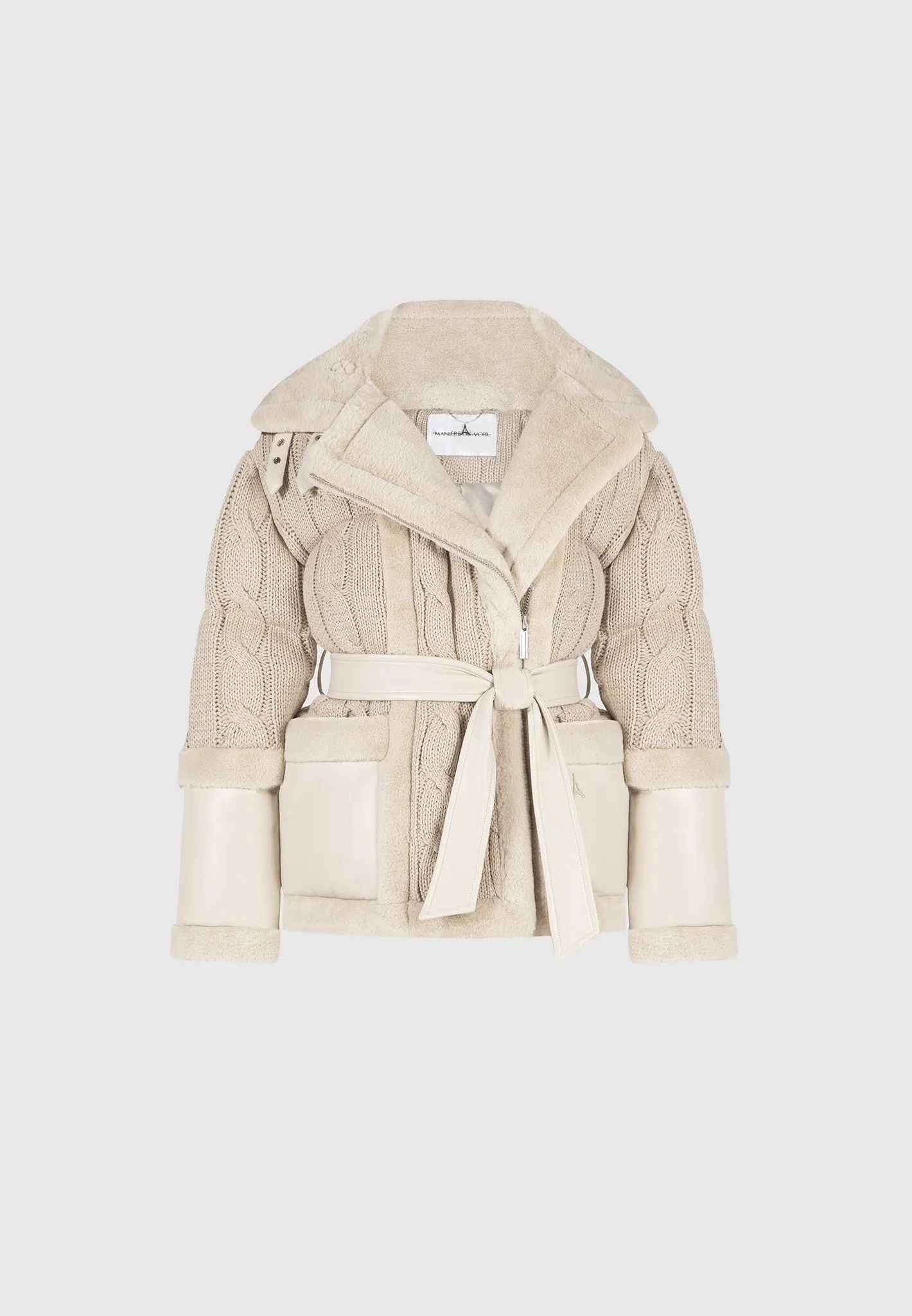Knit and Plush Puffer Biker Jacket - Beige