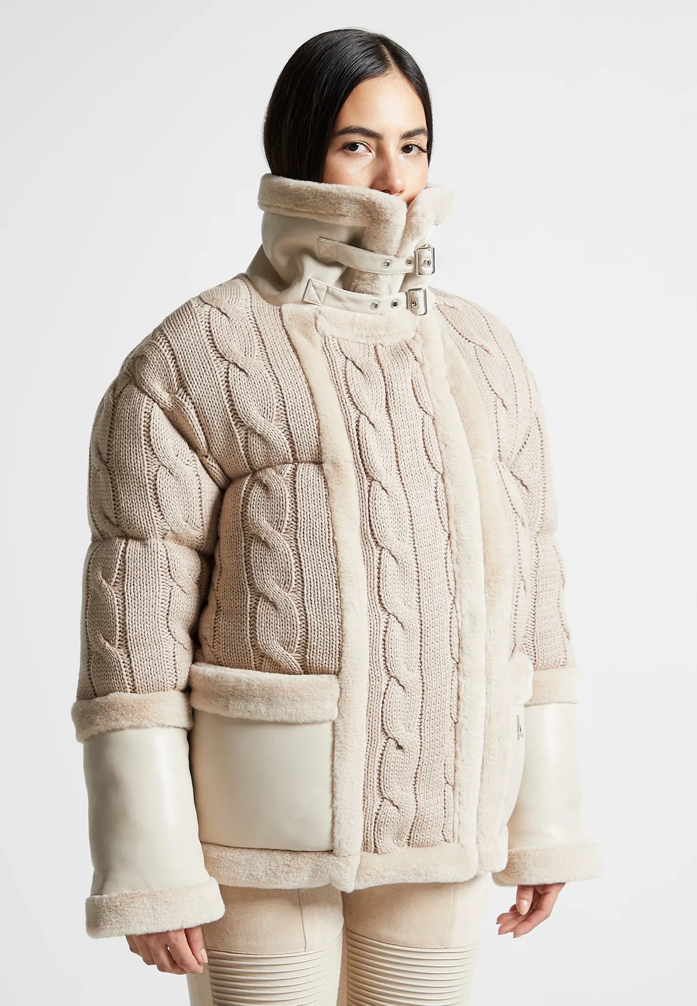Knit and Plush Puffer Biker Jacket - Beige