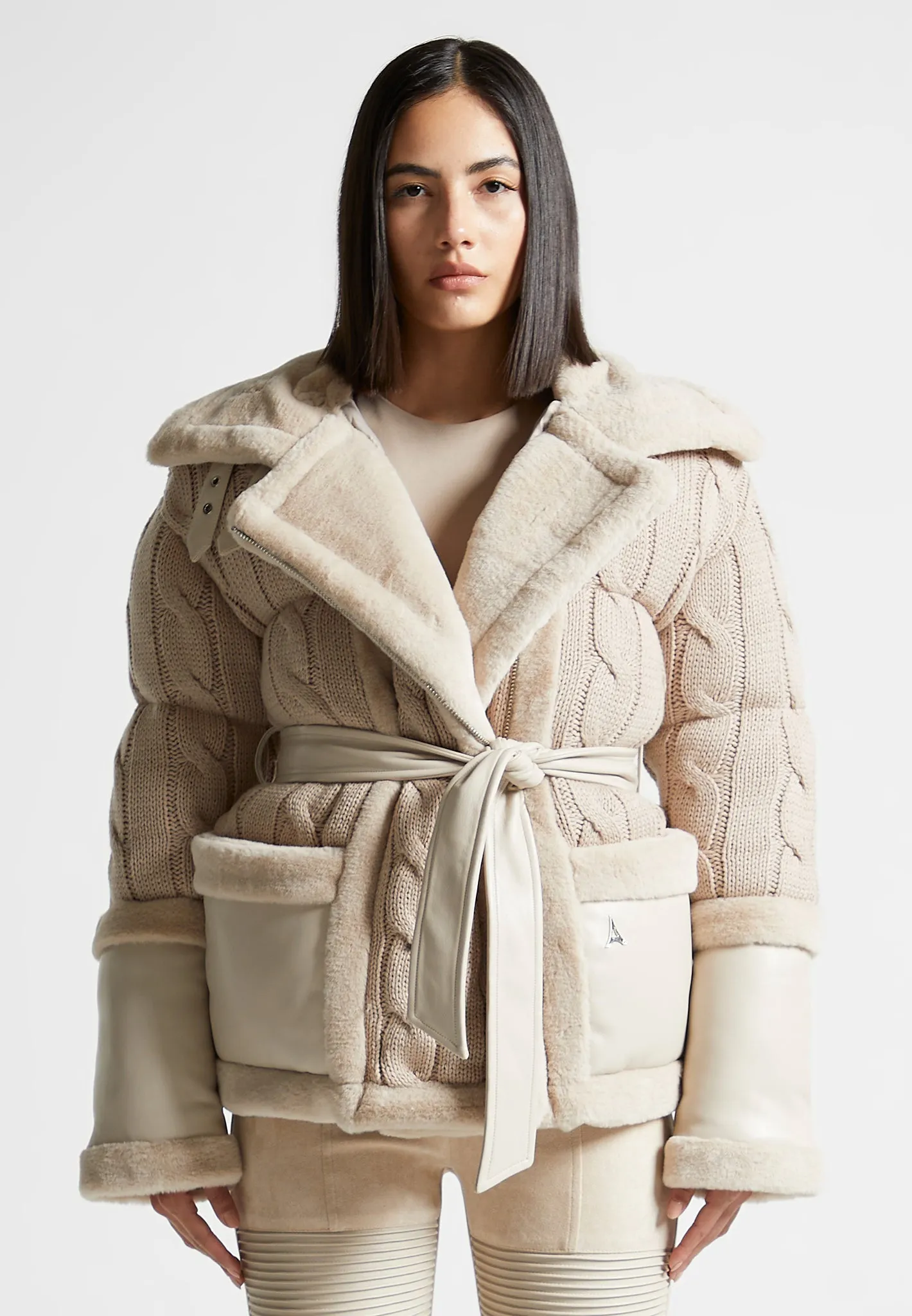 Knit and Plush Puffer Biker Jacket - Beige