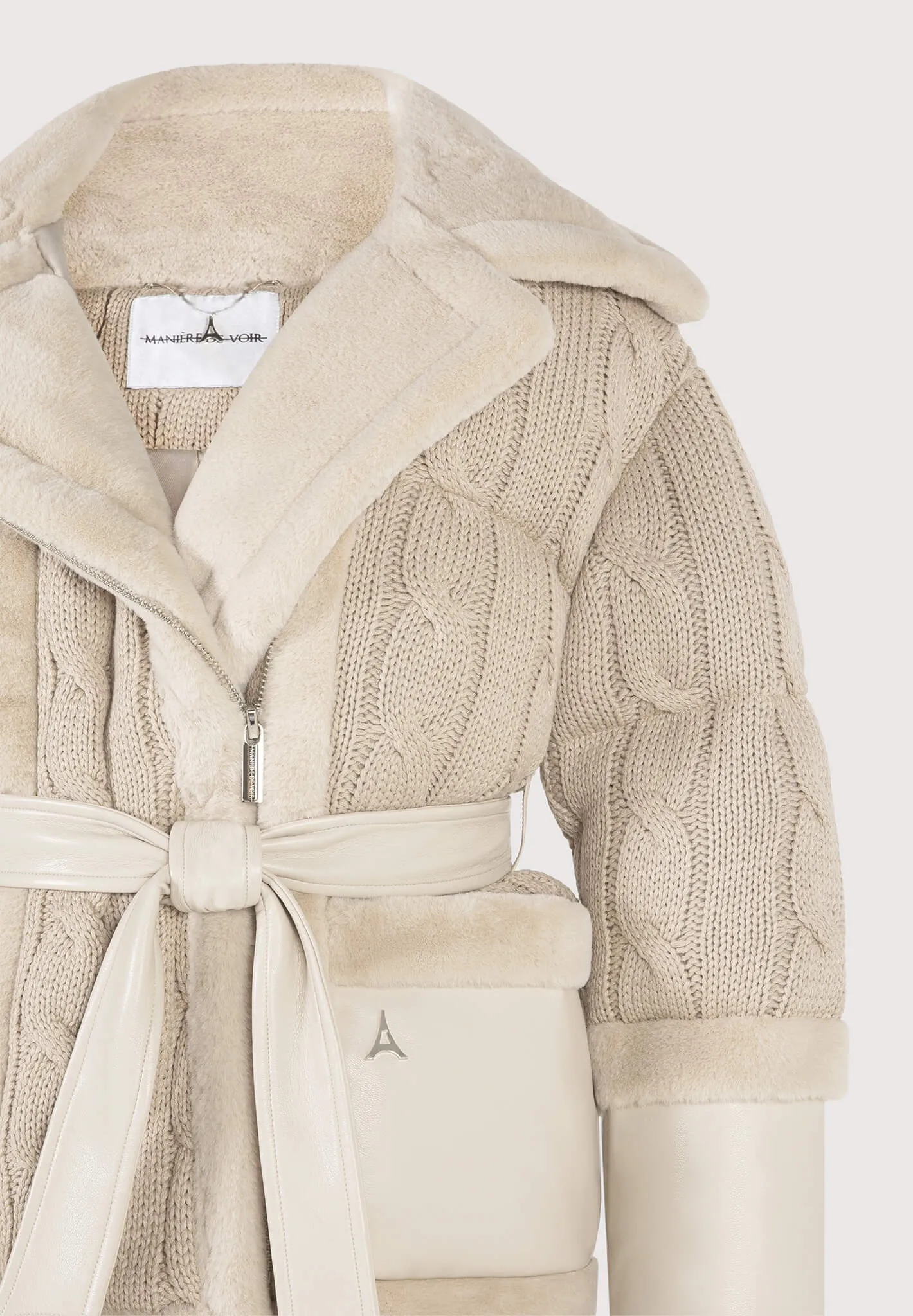 Knit and Plush Puffer Biker Jacket - Beige