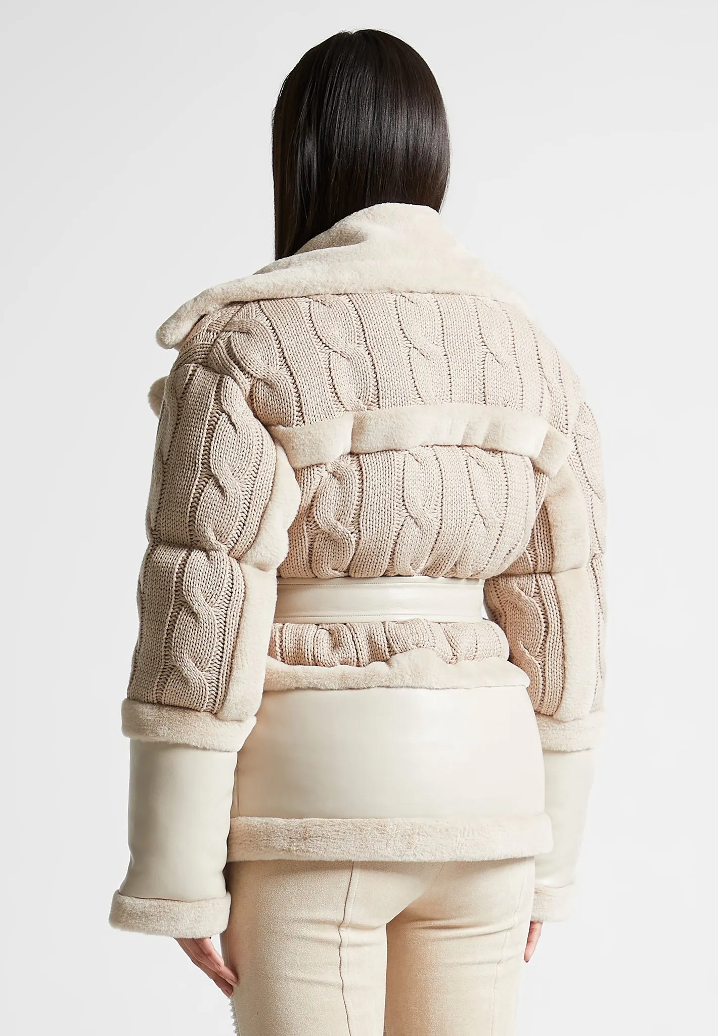 Knit and Plush Puffer Biker Jacket - Beige