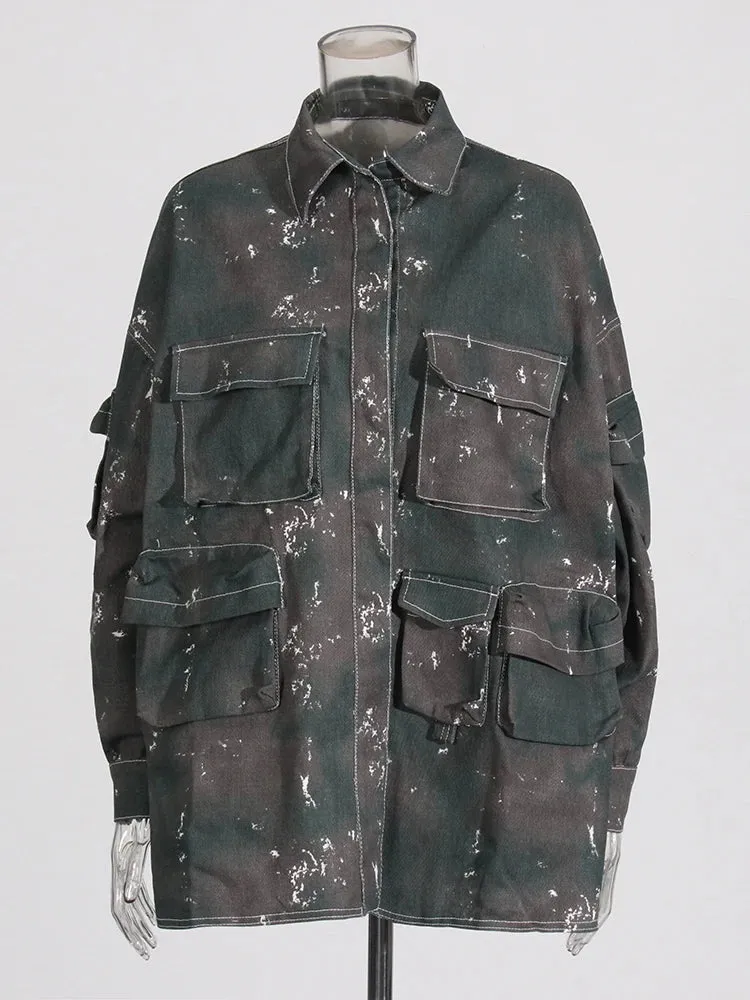 Metaversmall Camouflage Two Piece Set For Women Lapel Long Sleeve Spliced Button Coat High Waist Cargo Pants Chic Sets Female