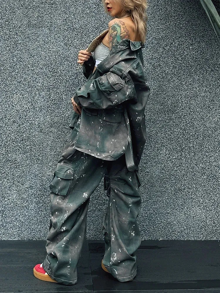 Metaversmall Camouflage Two Piece Set For Women Lapel Long Sleeve Spliced Button Coat High Waist Cargo Pants Chic Sets Female