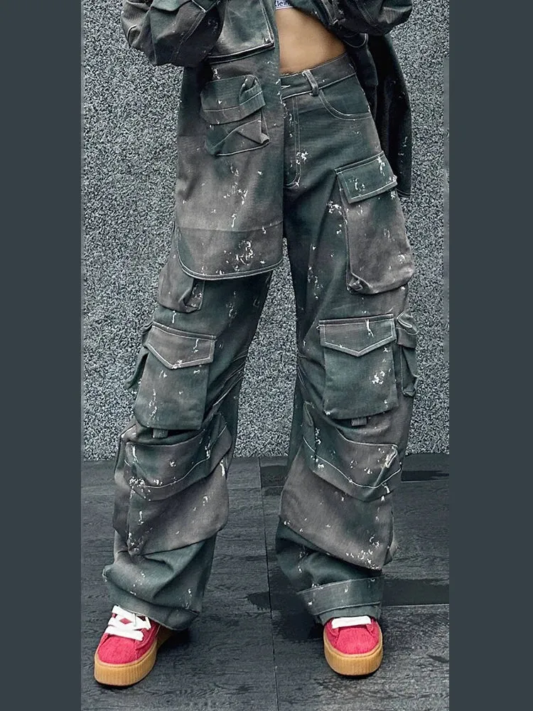 Metaversmall Camouflage Two Piece Set For Women Lapel Long Sleeve Spliced Button Coat High Waist Cargo Pants Chic Sets Female