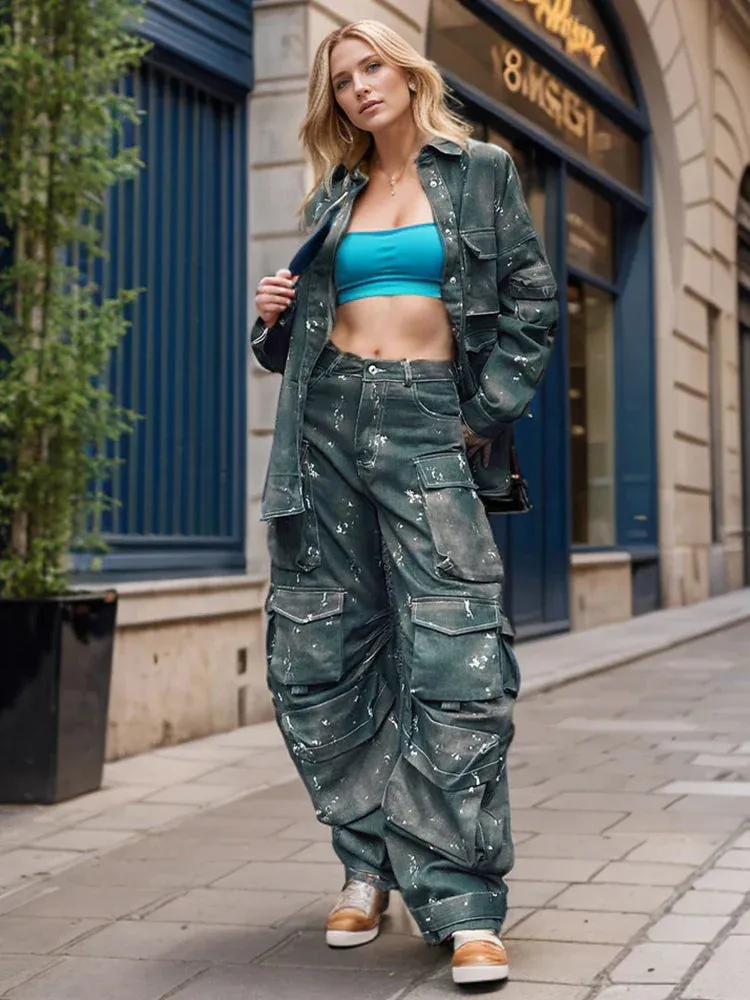 Metaversmall Camouflage Two Piece Set For Women Lapel Long Sleeve Spliced Button Coat High Waist Cargo Pants Chic Sets Female