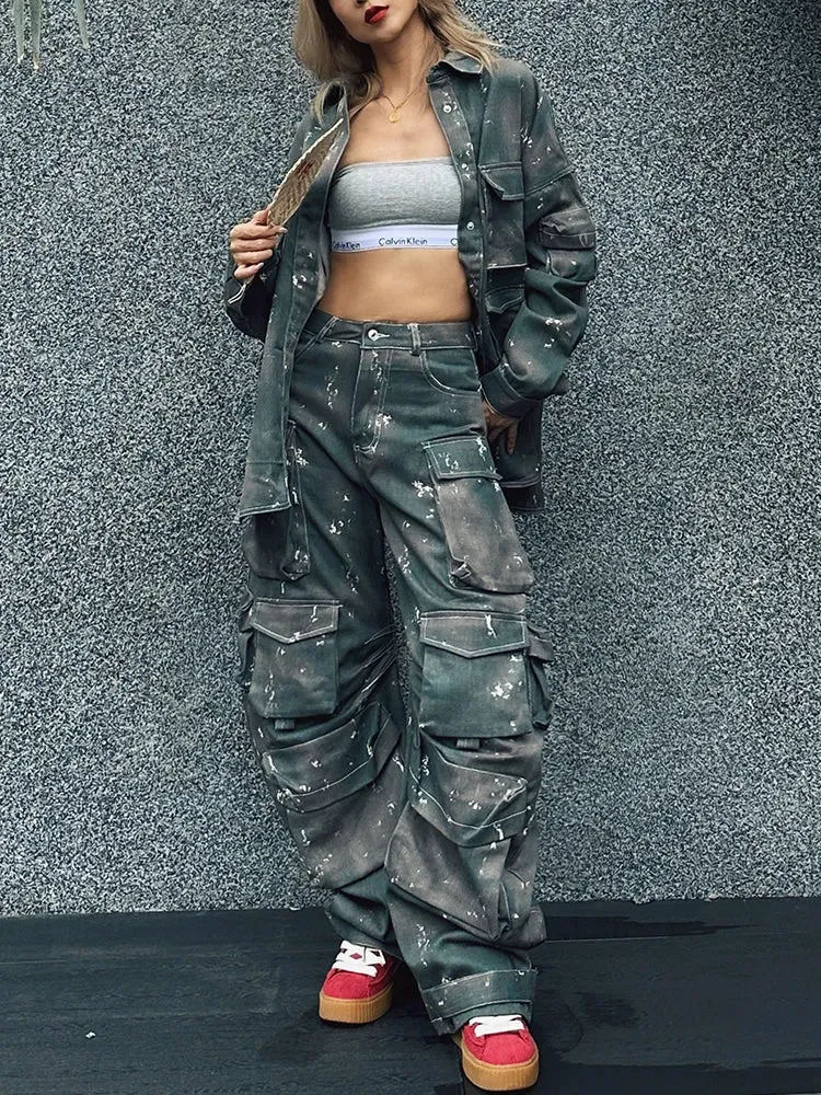 Metaversmall Camouflage Two Piece Set For Women Lapel Long Sleeve Spliced Button Coat High Waist Cargo Pants Chic Sets Female
