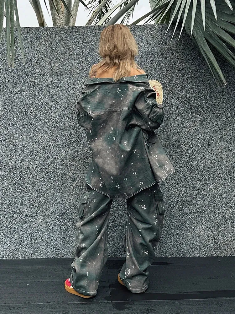 Metaversmall Camouflage Two Piece Set For Women Lapel Long Sleeve Spliced Button Coat High Waist Cargo Pants Chic Sets Female